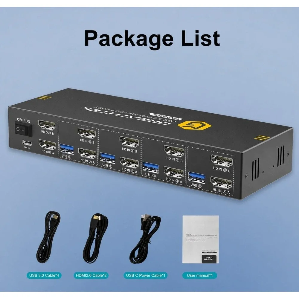 GREATHTEK 4K@60Hz KVM Switch 4 Port Dual Monitor HDMI 3 USB 3.0 7415H2-0513